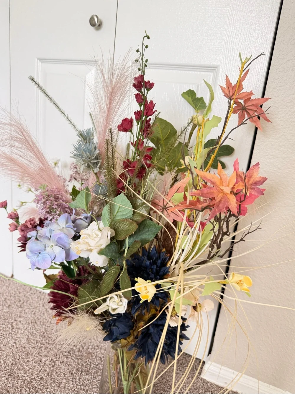 Hand Crafted Mixed Faux Floral Bouquet in Pink, Blue, Burgundy & Cream